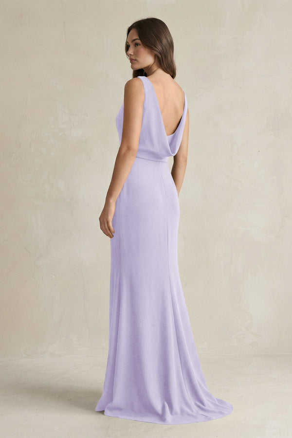 V - Neck Sheath Satin Maxi Bridesmaid Dress in Lavender - KISS BRIDAL Bridesmaid Dresses