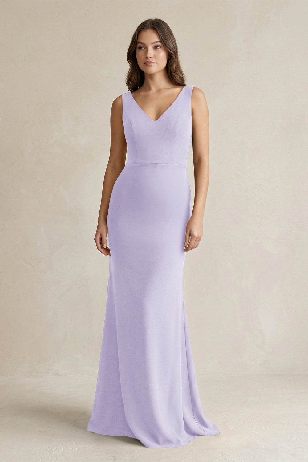 V - Neck Sheath Satin Maxi Bridesmaid Dress in Lavender - SHE IS ME Bridesmaid Dresses