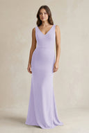 V - Neck Sheath Satin Maxi Bridesmaid Dress in Lavender - KISS BRIDAL Bridesmaid Dresses