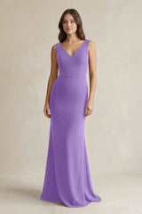 V - Neck Sheath Satin Maxi Bridesmaid Dress in Lilac - KISS BRIDAL Bridesmaid Dresses