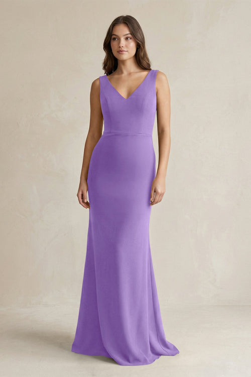 V - Neck Sheath Satin Maxi Bridesmaid Dress in Lilac - KISS BRIDAL Bridesmaid Dresses
