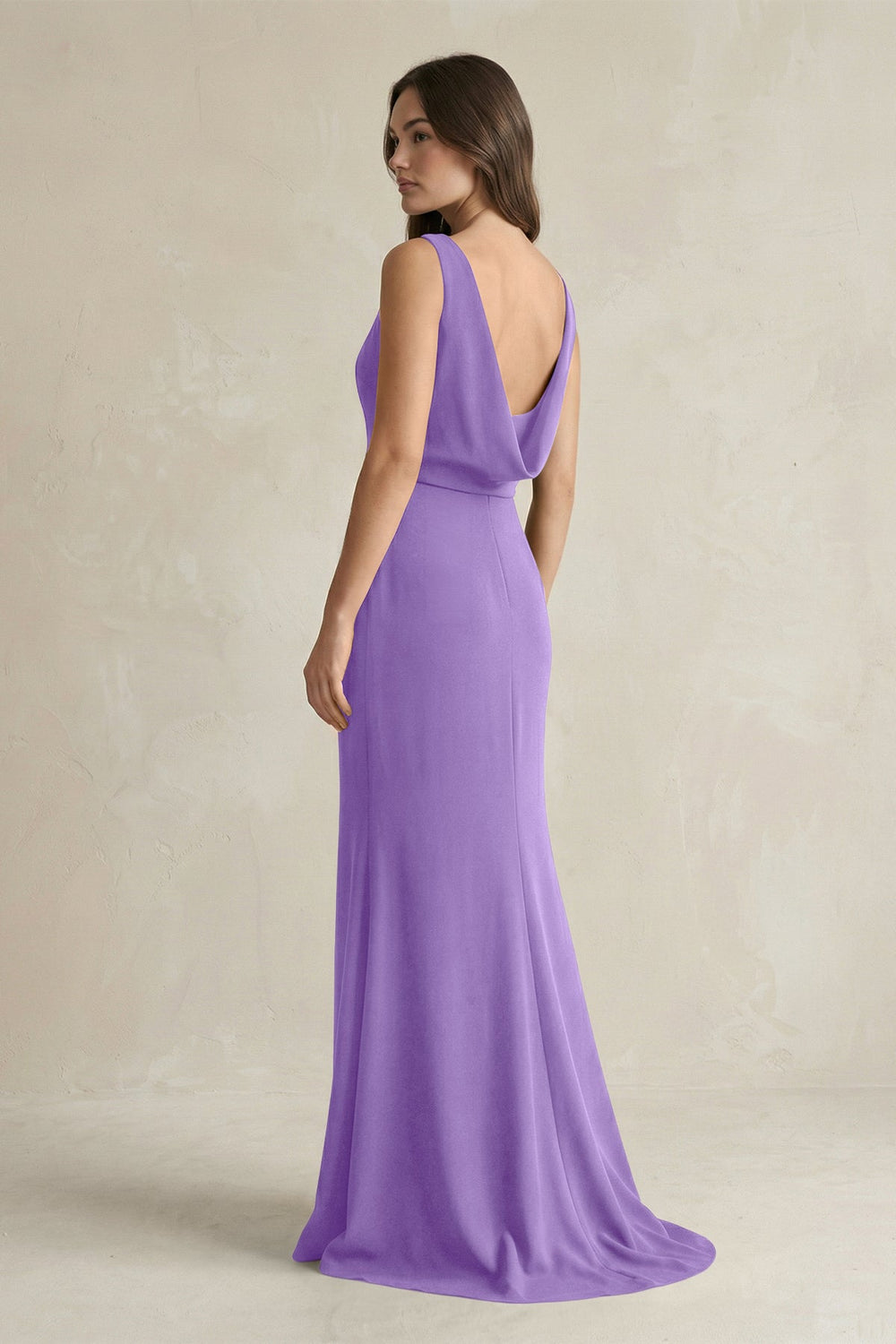 V - Neck Sheath Satin Maxi Bridesmaid Dress in Lilac - SHE IS ME Bridesmaid Dresses
