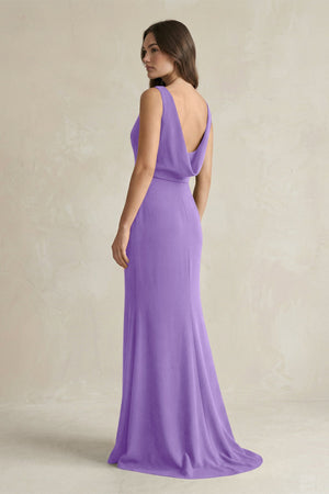 V - Neck Sheath Satin Maxi Bridesmaid Dress in Lilac - KISS BRIDAL Bridesmaid Dresses