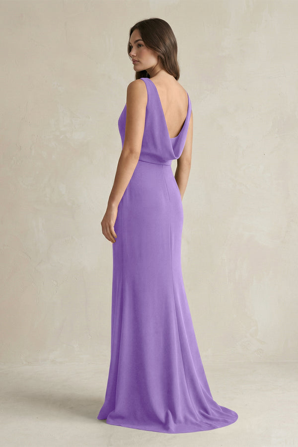 V - Neck Sheath Satin Maxi Bridesmaid Dress in Lilac - KISS BRIDAL Bridesmaid Dresses