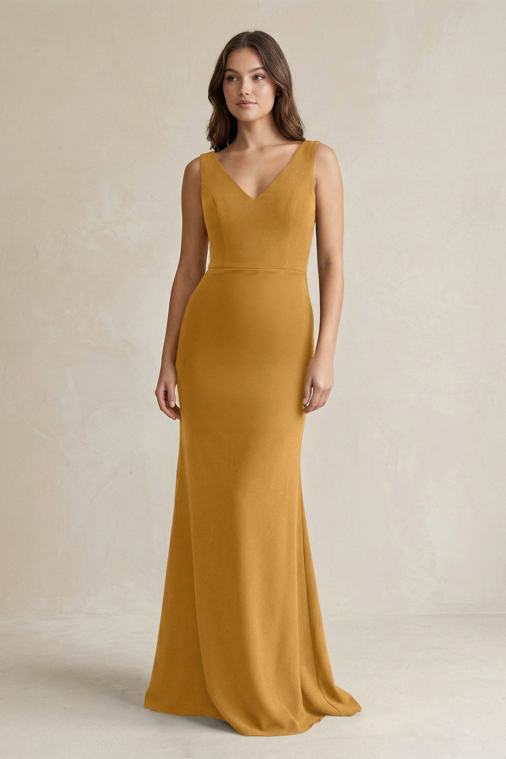 V - Neck Sheath Satin Maxi Bridesmaid Dress in Marigold - SHE IS ME Bridesmaid Dresses