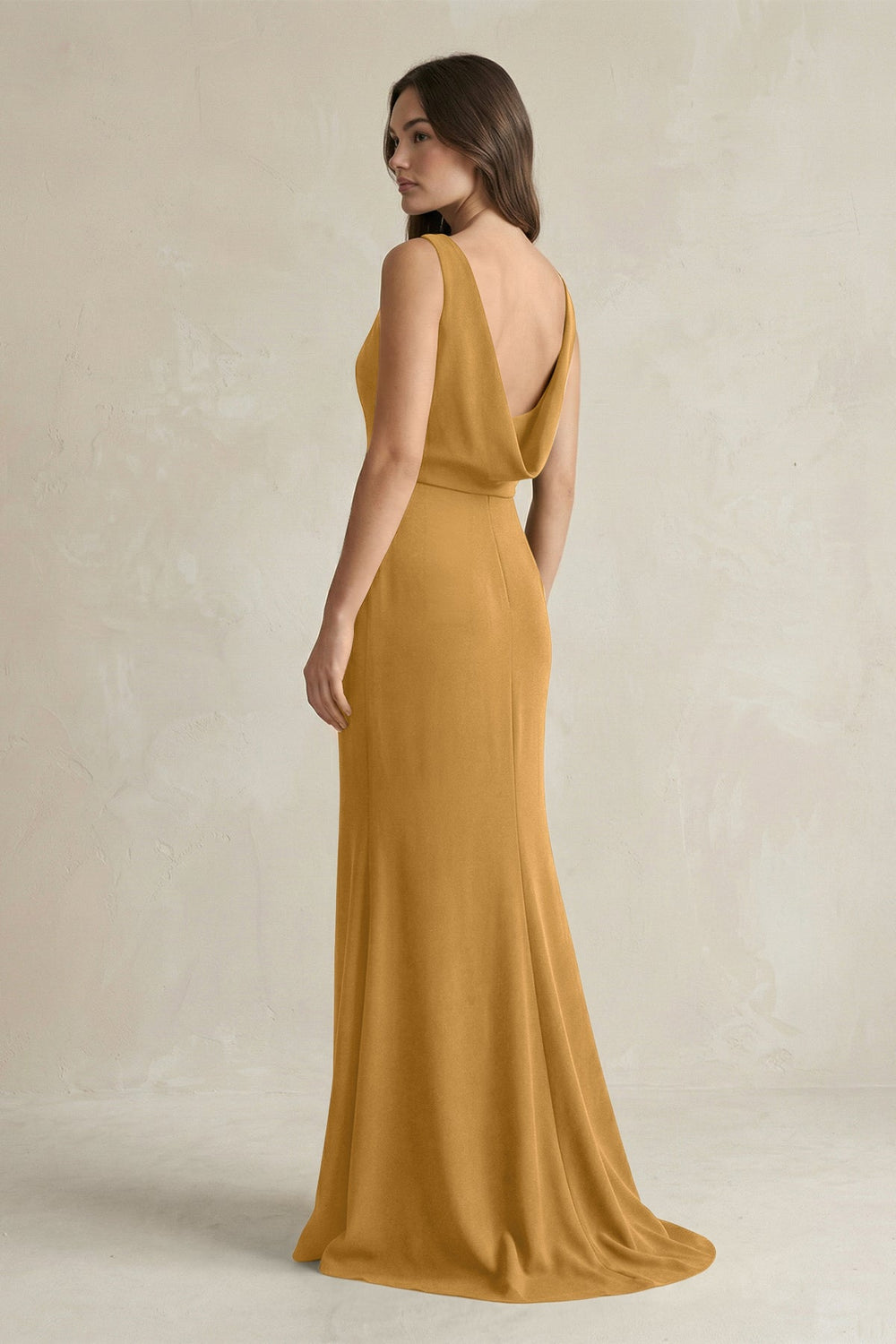 V - Neck Sheath Satin Maxi Bridesmaid Dress in Marigold - SHE IS ME Bridesmaid Dresses