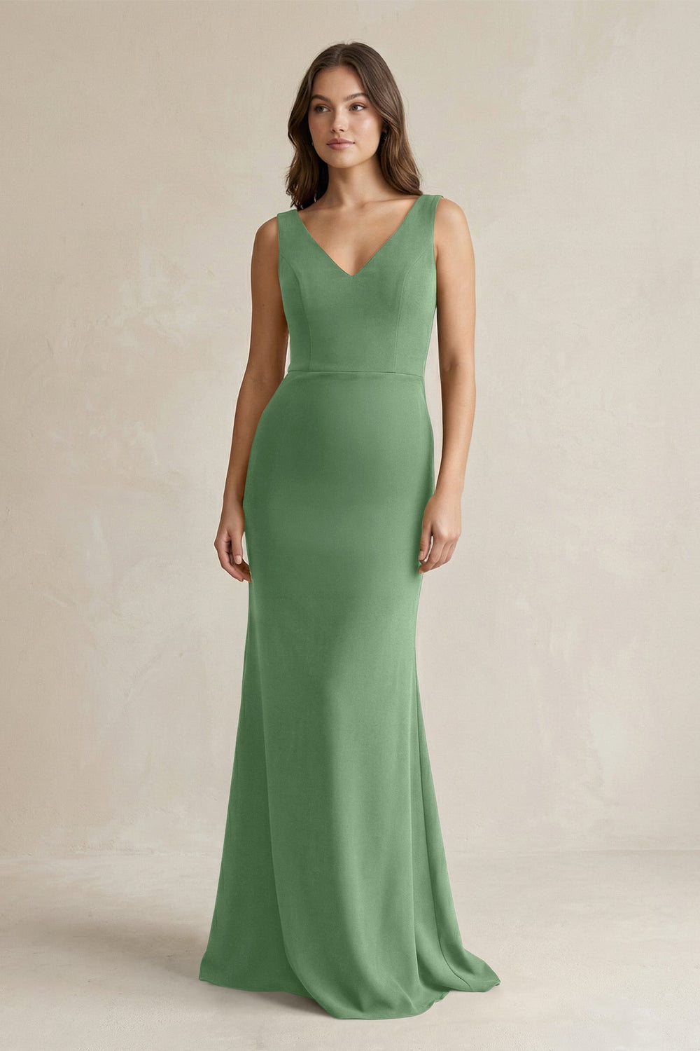 V - Neck Sheath Satin Maxi Bridesmaid Dress in Matcha - SHE IS ME Bridesmaid Dresses