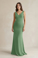 V - Neck Sheath Satin Maxi Bridesmaid Dress in Matcha - KISS BRIDAL Bridesmaid Dresses