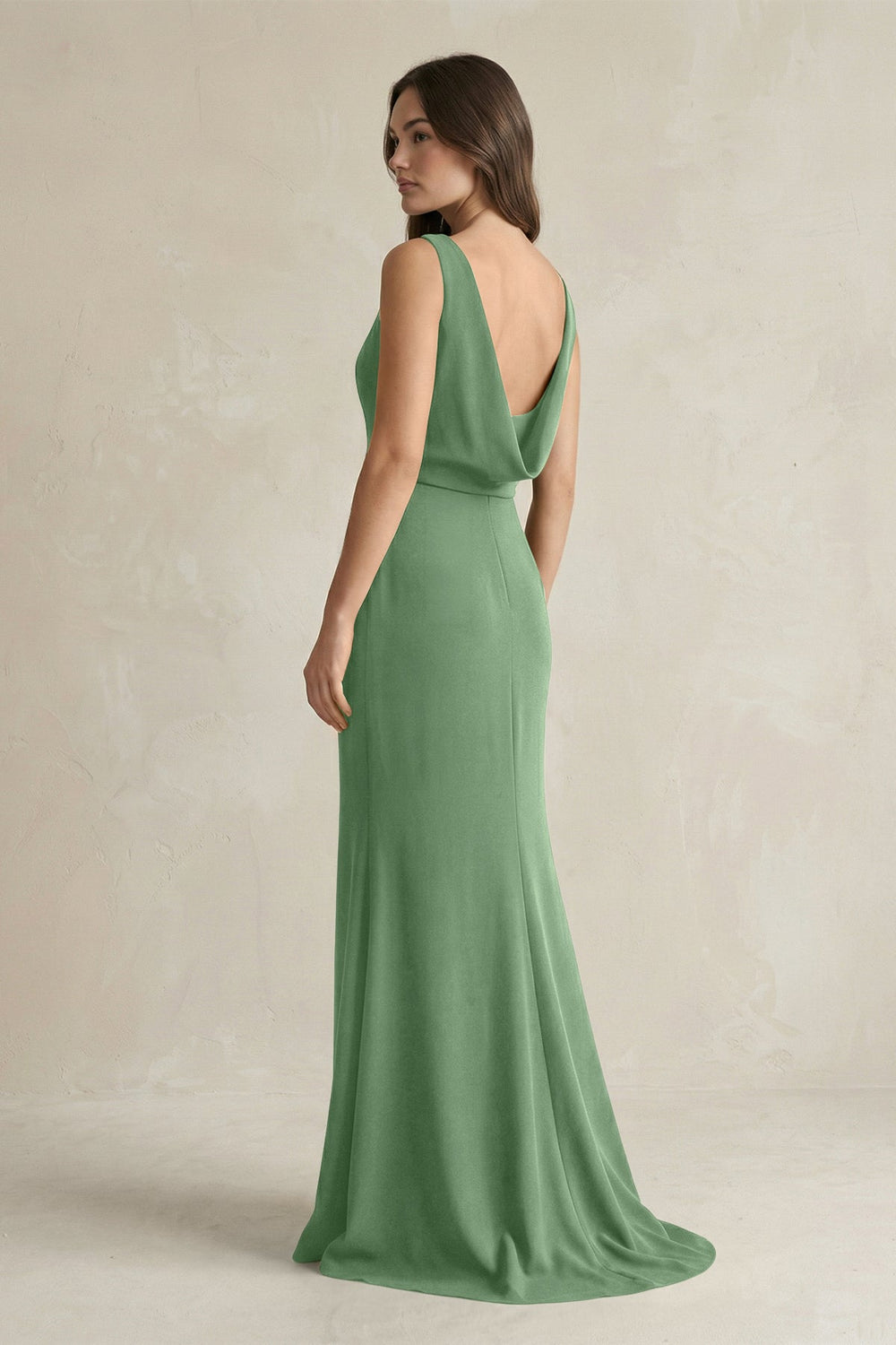 V - Neck Sheath Satin Maxi Bridesmaid Dress in Matcha - SHE IS ME Bridesmaid Dresses