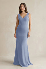 V - Neck Sheath Satin Maxi Bridesmaid Dress in Mist - KISS BRIDAL Bridesmaid Dresses