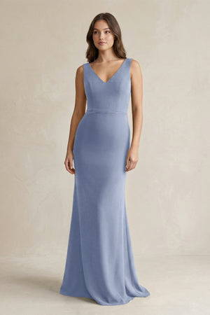 V - Neck Sheath Satin Maxi Bridesmaid Dress in Mist - SHE IS ME Bridesmaid Dresses