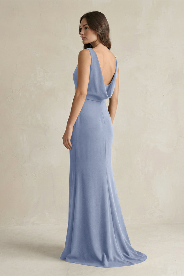 V - Neck Sheath Satin Maxi Bridesmaid Dress in Mist - SHE IS ME Bridesmaid Dresses