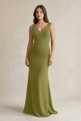V - Neck Sheath Satin Maxi Bridesmaid Dress in Moss Green - KISS BRIDAL Bridesmaid Dresses
