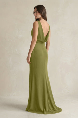 V - Neck Sheath Satin Maxi Bridesmaid Dress in Moss Green - KISS BRIDAL Bridesmaid Dresses