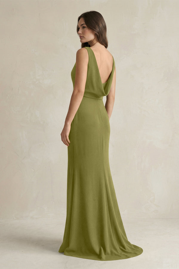 V - Neck Sheath Satin Maxi Bridesmaid Dress in Moss Green - KISS BRIDAL Bridesmaid Dresses