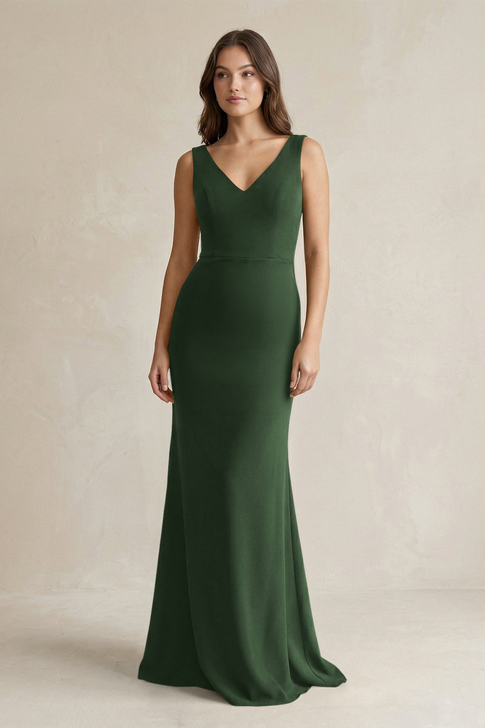 V - Neck Sheath Satin Maxi Bridesmaid Dress in Moss - SHE IS ME Bridesmaid Dresses