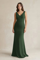 V - Neck Sheath Satin Maxi Bridesmaid Dress in Moss - KISS BRIDAL Bridesmaid Dresses