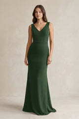 V - Neck Sheath Satin Maxi Bridesmaid Dress in Moss - KISS BRIDAL Bridesmaid Dresses