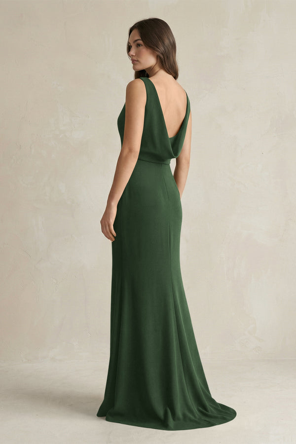 V - Neck Sheath Satin Maxi Bridesmaid Dress in Moss - KISS BRIDAL Bridesmaid Dresses
