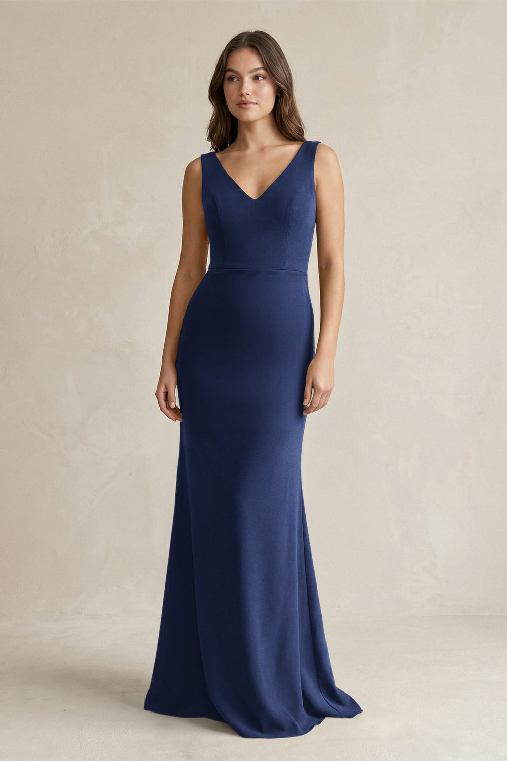 V - Neck Sheath Satin Maxi Bridesmaid Dress in Navy - KISS BRIDAL Bridesmaid Dresses