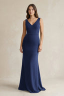 V - Neck Sheath Satin Maxi Bridesmaid Dress in Navy - KISS BRIDAL Bridesmaid Dresses