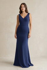 V - Neck Sheath Satin Maxi Bridesmaid Dress in Navy - KISS BRIDAL Bridesmaid Dresses