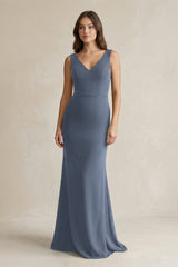 V - Neck Sheath Satin Maxi Bridesmaid Dress in Neptune - KISS BRIDAL Bridesmaid Dresses