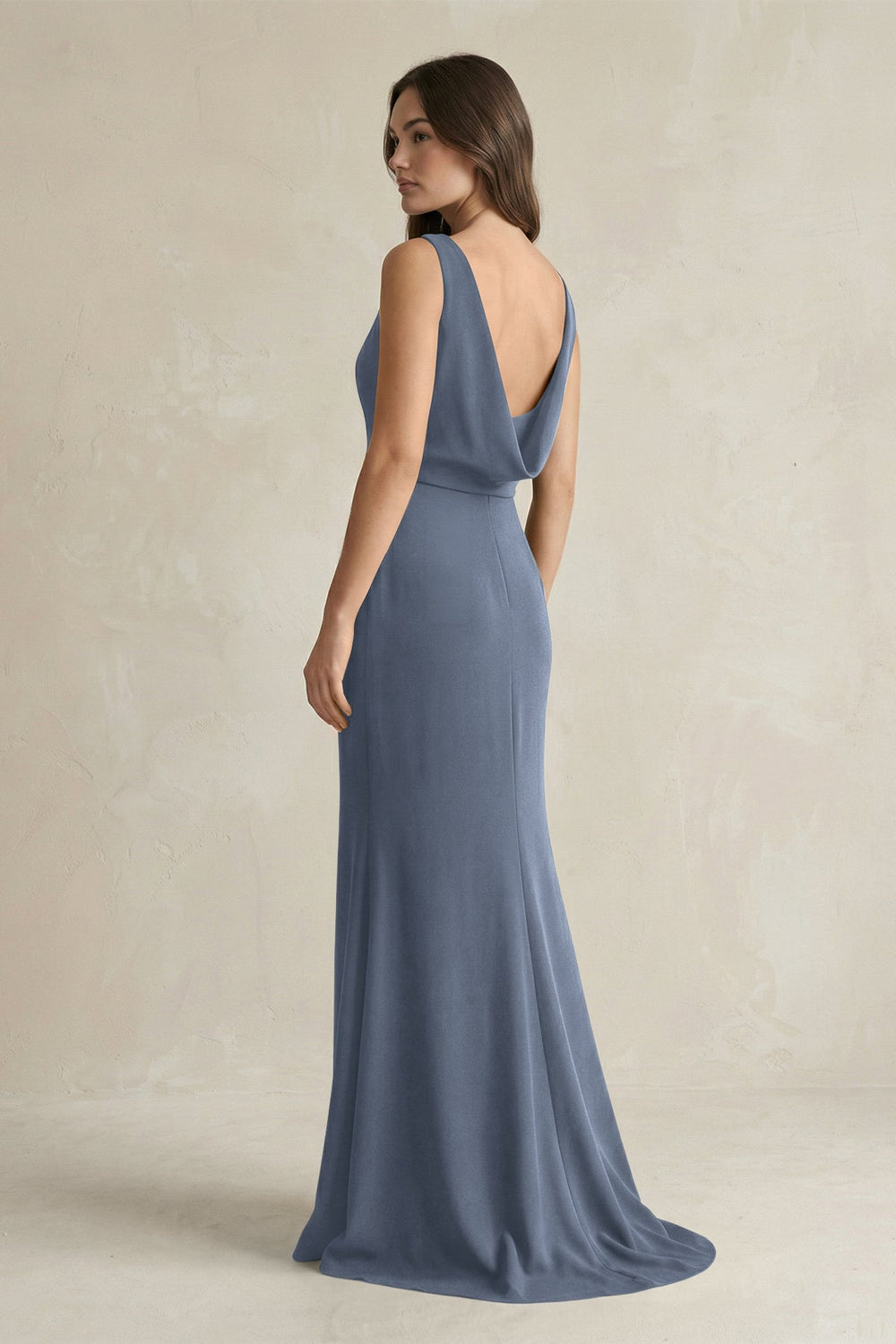 V - Neck Sheath Satin Maxi Bridesmaid Dress in Neptune - SHE IS ME Bridesmaid Dresses