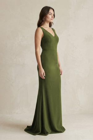V - Neck Sheath Satin Maxi Bridesmaid Dress in Olive - SHE IS ME Bridesmaid Dresses