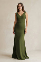 V - Neck Sheath Satin Maxi Bridesmaid Dress in Olive - KISS BRIDAL Bridesmaid Dresses