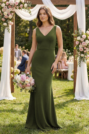 V - Neck Sheath Satin Maxi Bridesmaid Dress in Olive - SHE IS ME Bridesmaid Dresses
