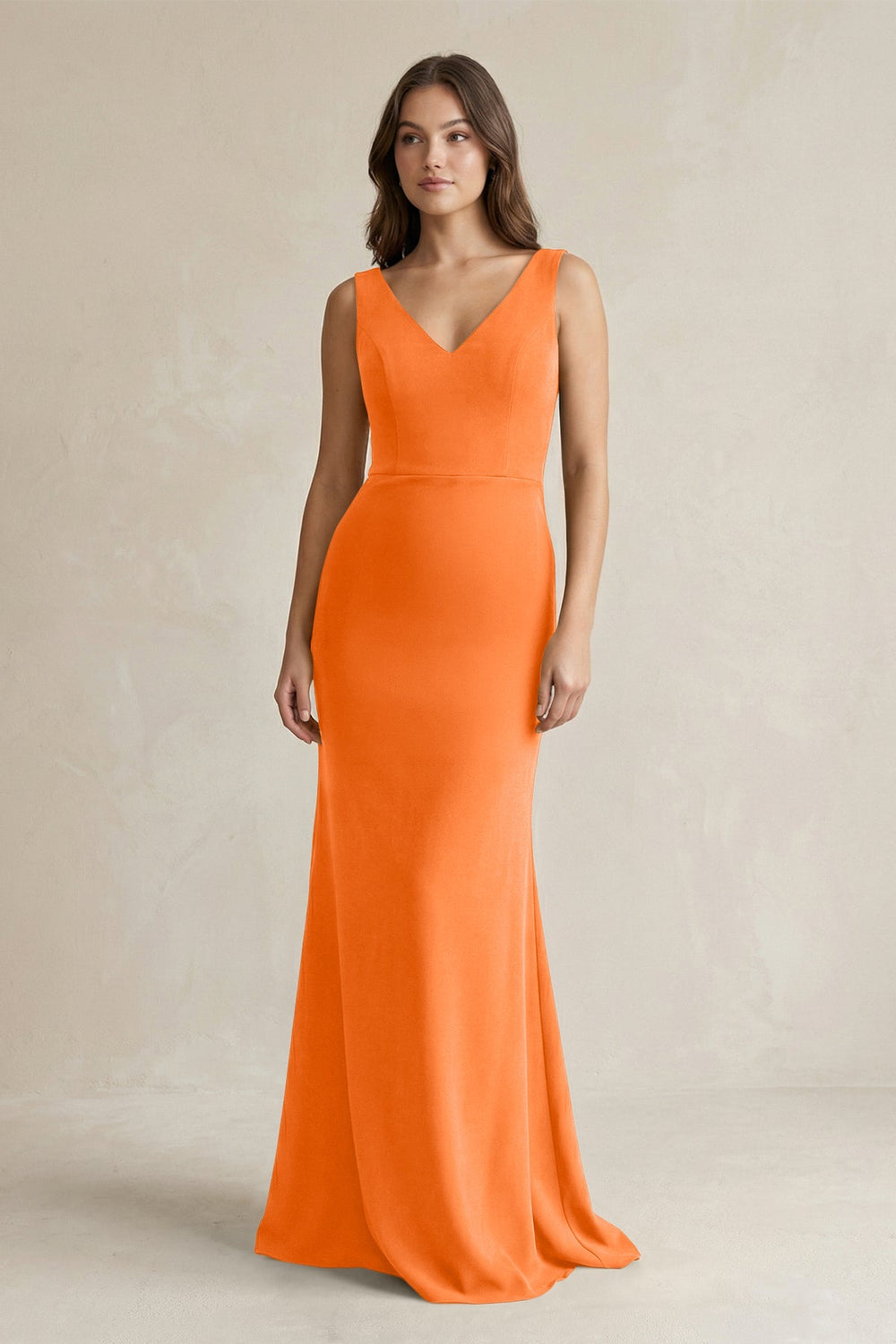 V - Neck Sheath Satin Maxi Bridesmaid Dress in Orange - SHE IS ME Bridesmaid Dresses