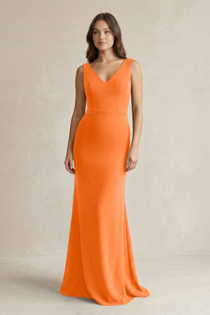 V - Neck Sheath Satin Maxi Bridesmaid Dress in Orange - SHE IS ME Bridesmaid Dresses