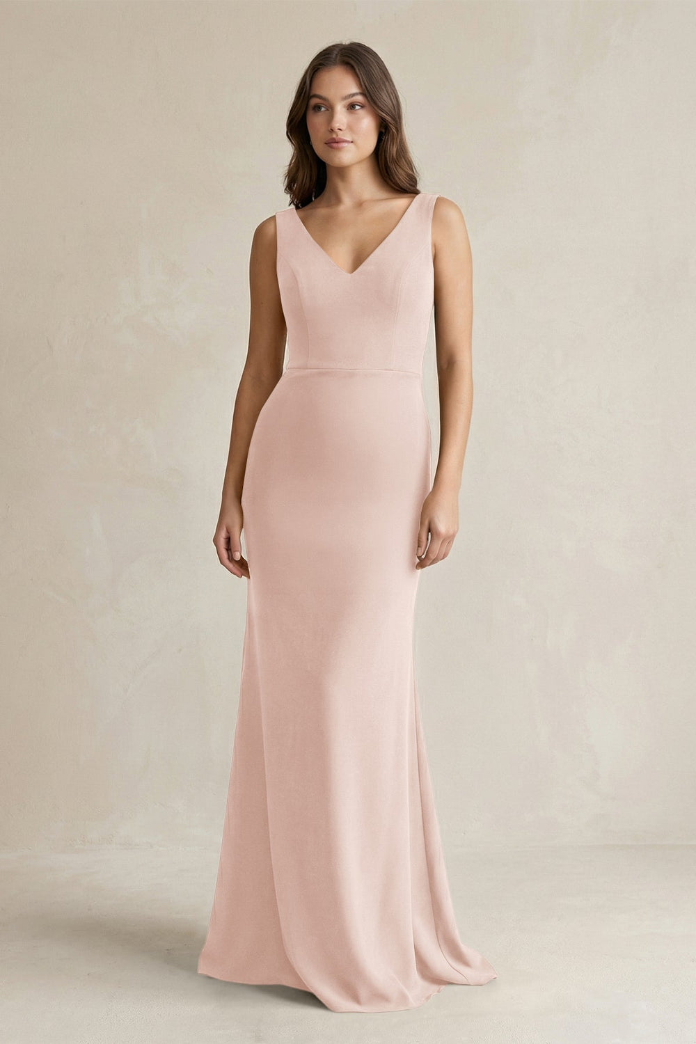 V - Neck Sheath Satin Maxi Bridesmaid Dress in Pale Blush - SHE IS ME Bridesmaid Dresses