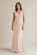 V - Neck Sheath Satin Maxi Bridesmaid Dress in Pale Blush - KISS BRIDAL Bridesmaid Dresses