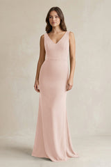 V - Neck Sheath Satin Maxi Bridesmaid Dress in Pale Blush - KISS BRIDAL Bridesmaid Dresses