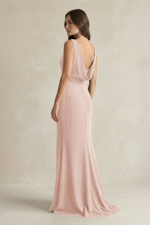 V - Neck Sheath Satin Maxi Bridesmaid Dress in Pale Blush - KISS BRIDAL Bridesmaid Dresses