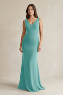 V - Neck Sheath Satin Maxi Bridesmaid Dress in Pale Pistachio - KISS BRIDAL Bridesmaid Dresses