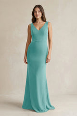 V - Neck Sheath Satin Maxi Bridesmaid Dress in Pale Pistachio - KISS BRIDAL Bridesmaid Dresses