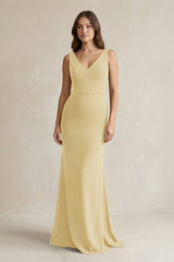 V - Neck Sheath Satin Maxi Bridesmaid Dress in Pastel Yellow - KISS BRIDAL Bridesmaid Dresses