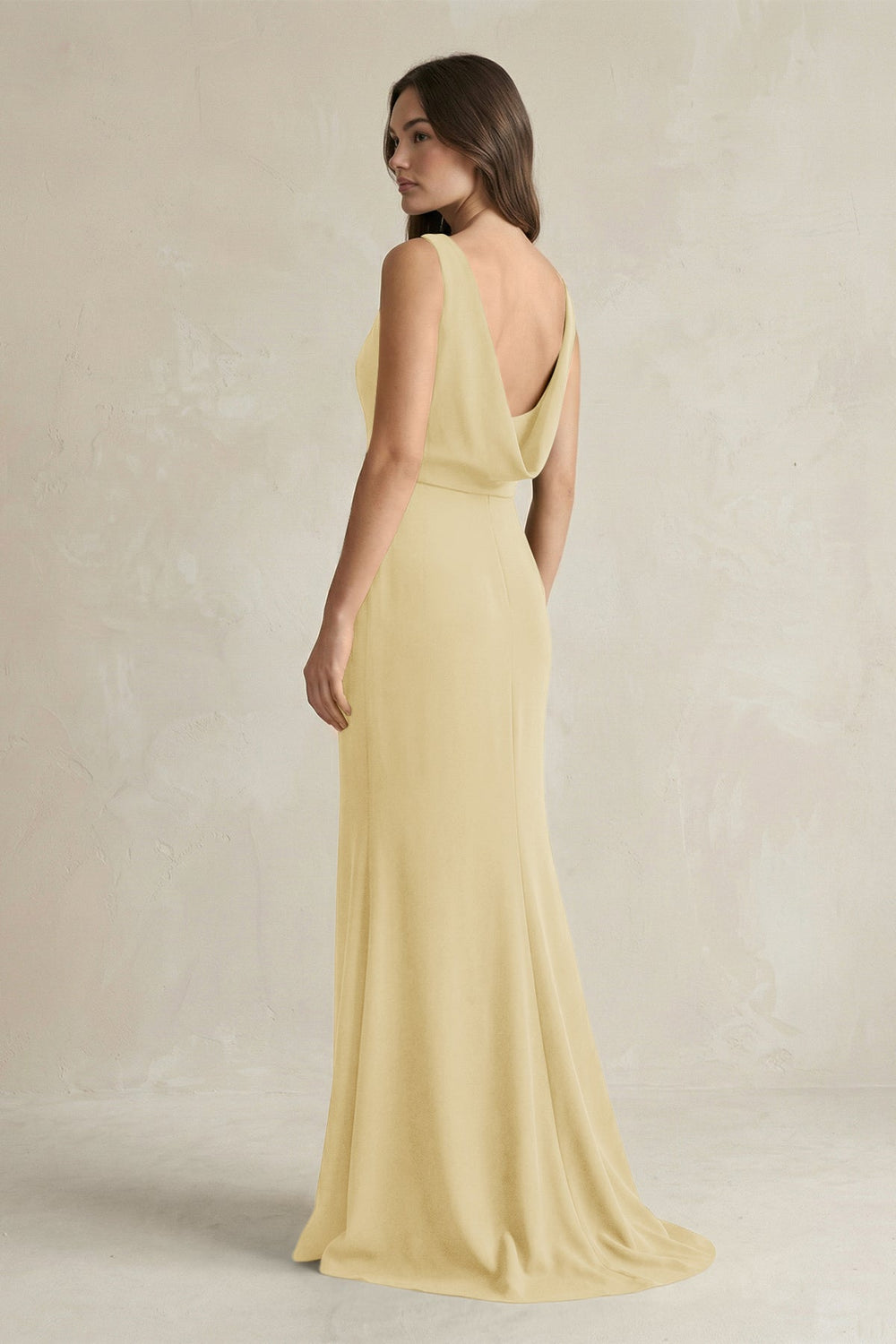 V - Neck Sheath Satin Maxi Bridesmaid Dress in Pastel Yellow - KISS BRIDAL Bridesmaid Dresses