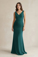 V - Neck Sheath Satin Maxi Bridesmaid Dress in Pine - KISS BRIDAL Bridesmaid Dresses