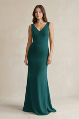 V - Neck Sheath Satin Maxi Bridesmaid Dress in Pine - KISS BRIDAL Bridesmaid Dresses