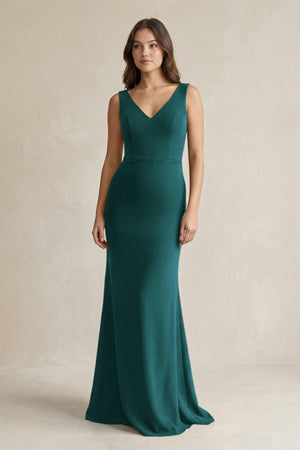 V - Neck Sheath Satin Maxi Bridesmaid Dress in Pine - KISS BRIDAL Bridesmaid Dresses