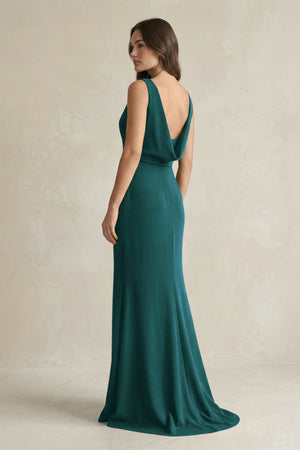 V - Neck Sheath Satin Maxi Bridesmaid Dress in Pine - KISS BRIDAL Bridesmaid Dresses