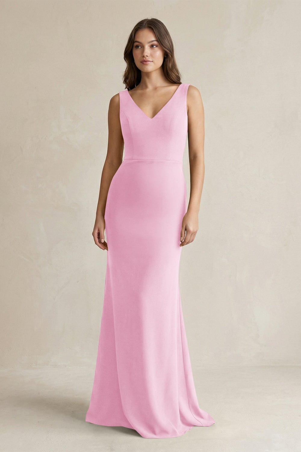 V - Neck Sheath Satin Maxi Bridesmaid Dress in Pink - KISS BRIDAL Bridesmaid Dresses