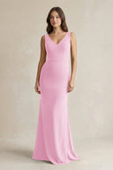 V - Neck Sheath Satin Maxi Bridesmaid Dress in Pink - KISS BRIDAL Bridesmaid Dresses