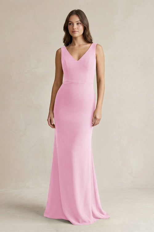 V - Neck Sheath Satin Maxi Bridesmaid Dress in Pink - KISS BRIDAL Bridesmaid Dresses