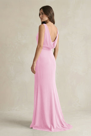 V - Neck Sheath Satin Maxi Bridesmaid Dress in Pink - KISS BRIDAL Bridesmaid Dresses