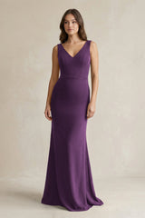 V - Neck Sheath Satin Maxi Bridesmaid Dress in Plum - KISS BRIDAL Bridesmaid Dresses